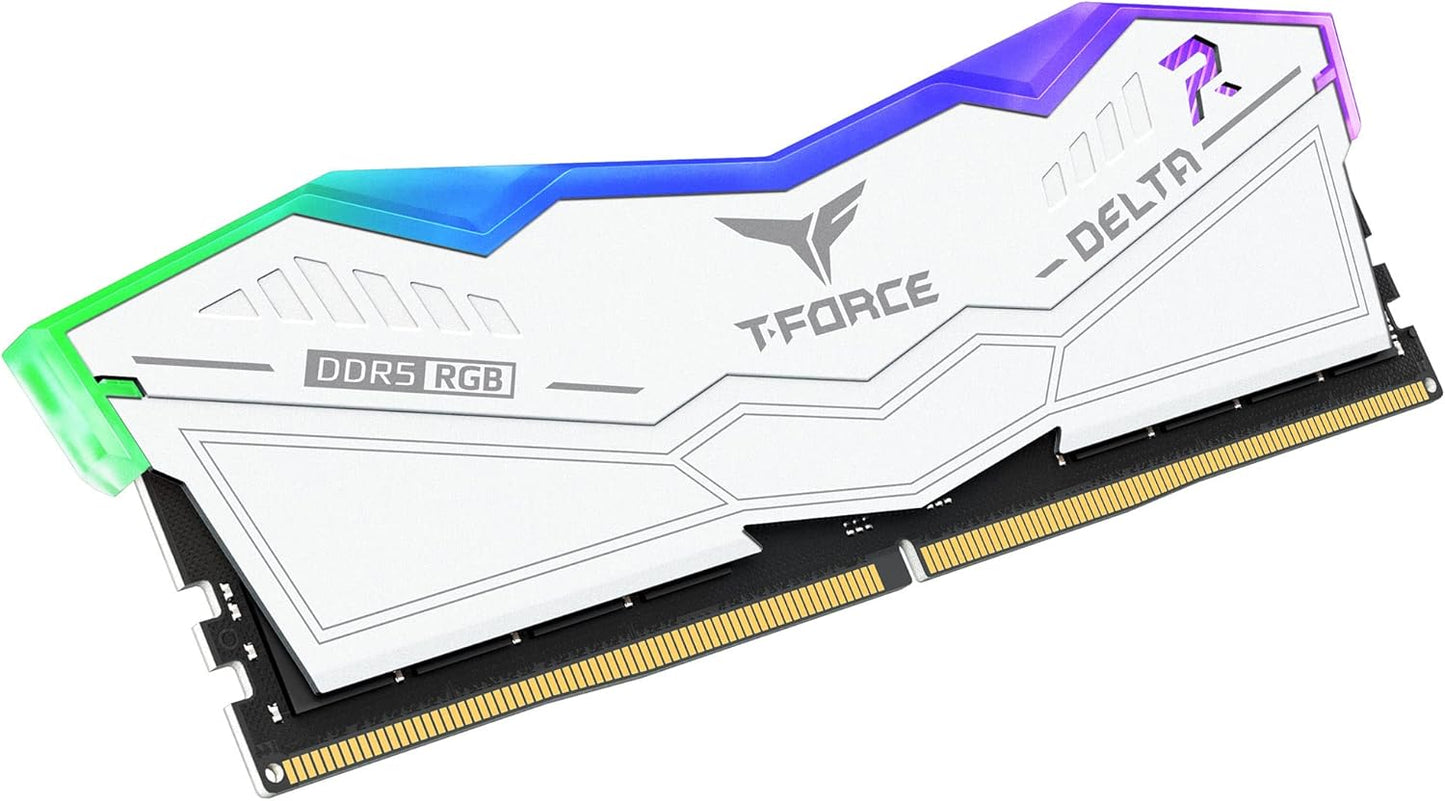 مجموعة ذاكرة سطح مكتب DDR5 من TeamGroup T-Force Delta RGB سعة 32 جيجابايت (2 × 16 جيجابايت)، سرعة 6000 ميجاهرتز، زمن انتقال CL32 CAS، Intel XMP 3.0، جهد 1.20 فولت، غير مخزنة مؤقتًا، 288 سنًا، أسود | FF4D532G6000HC38DC01
