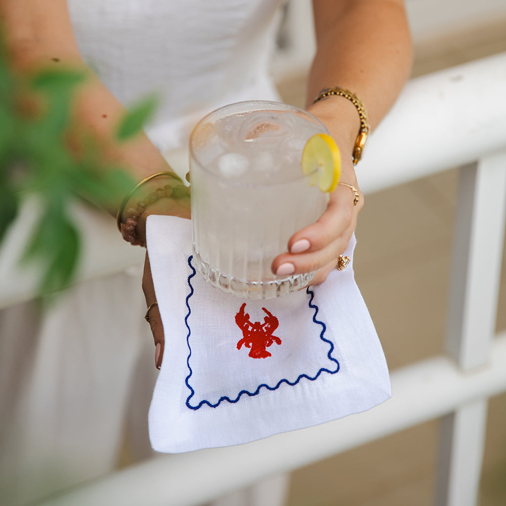 Embroidered Crab & Lobster Cocktail Napkins (Set of 4)