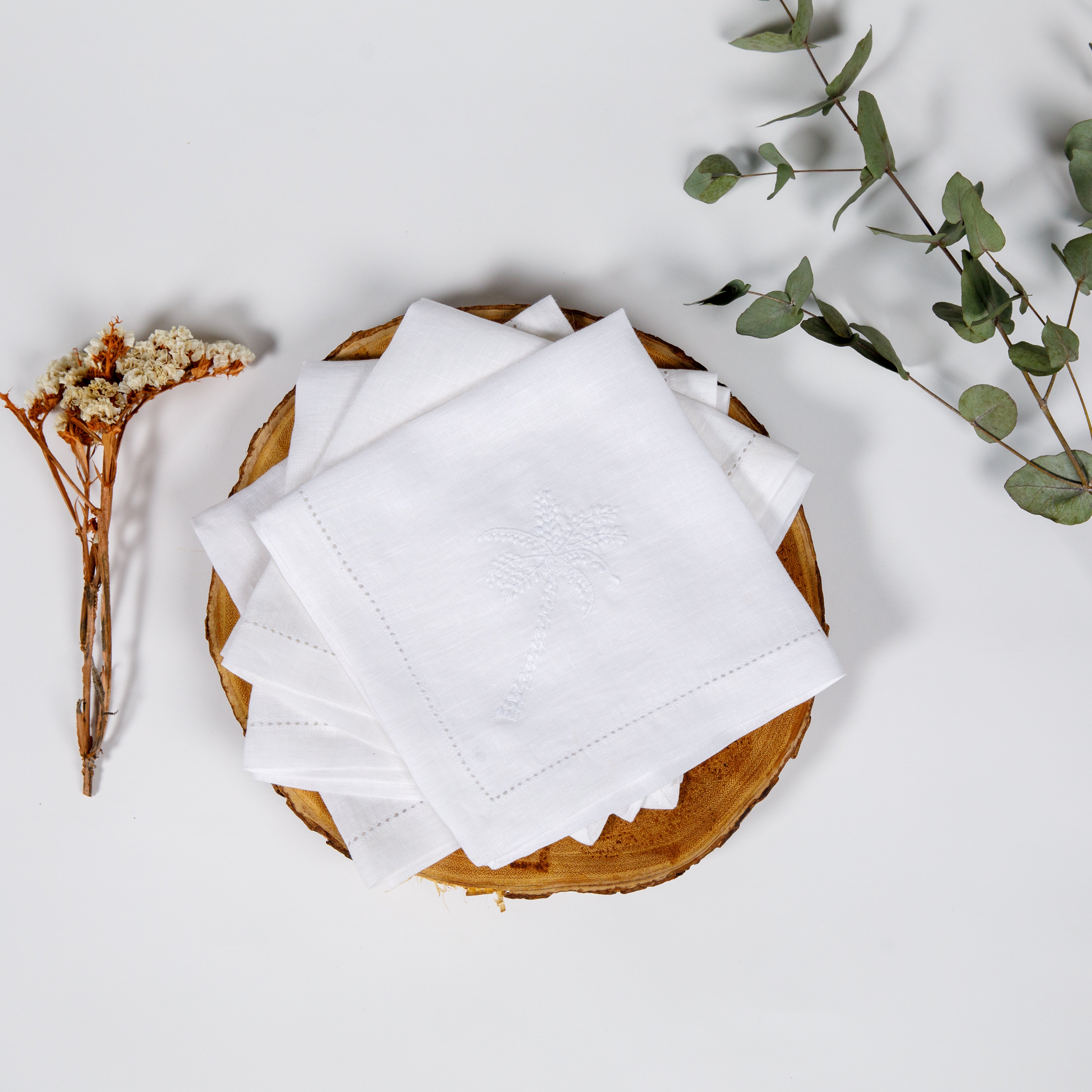 Palm Linen Napkin - Set of 4 -White Embroidery