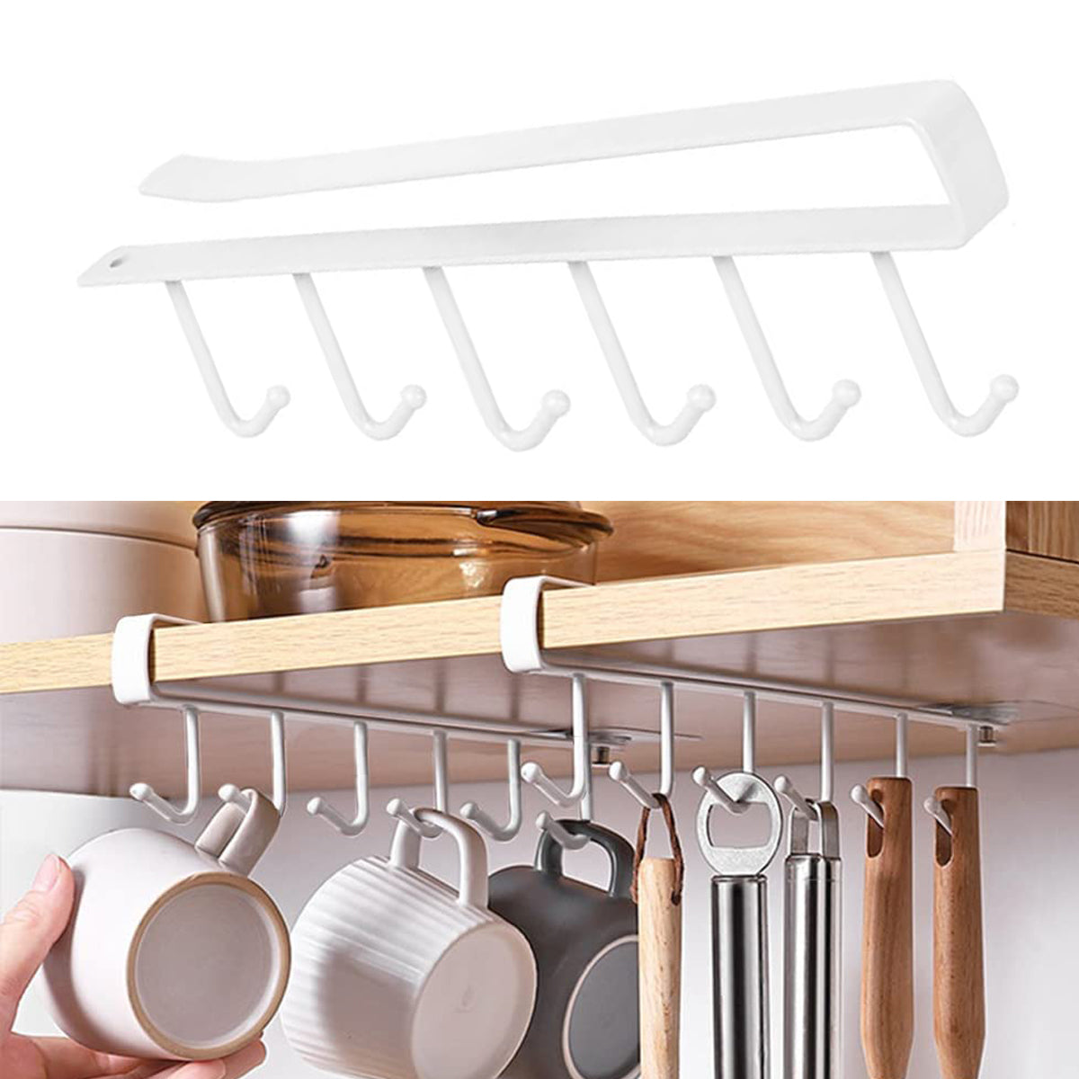 300pcs  Cup Holder Under Cabinet ，Multifunction Kitchen Drilling Free Coffee Cups Holder Hanger for Cups/Kitchen Utensils/Ties Belts/Scarf/Keys Storage Rack Cupboard Shelf Hanging Hook，White