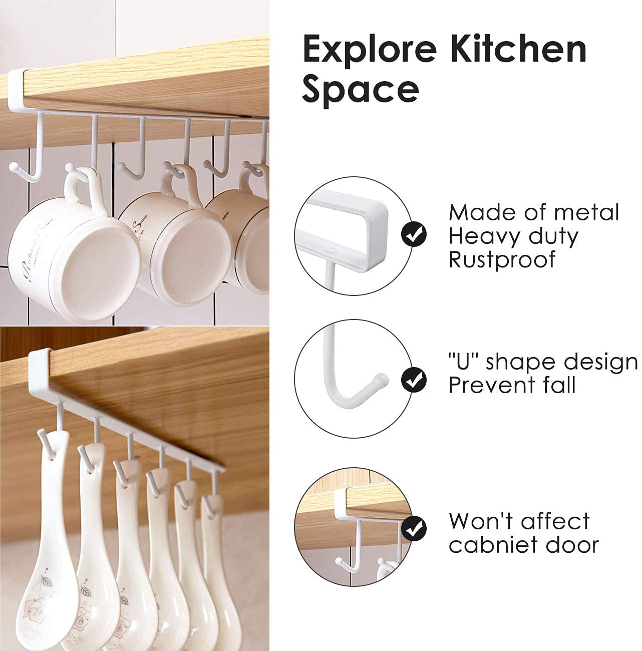 300pcs  Cup Holder Under Cabinet ，Multifunction Kitchen Drilling Free Coffee Cups Holder Hanger for Cups/Kitchen Utensils/Ties Belts/Scarf/Keys Storage Rack Cupboard Shelf Hanging Hook，White