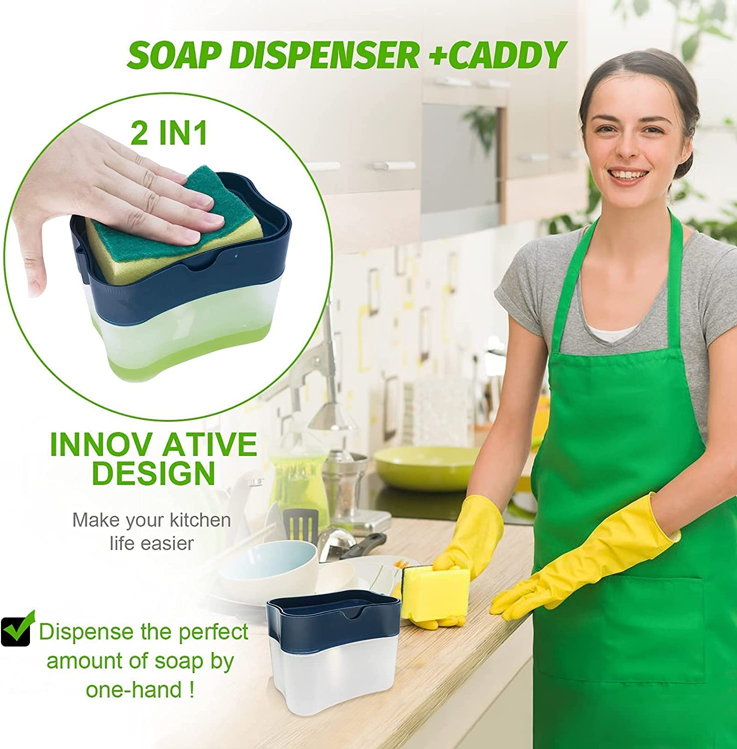 SKY-TOUCH 2 In 1 Sponge Rack Shelf Soap Detergent Dispenser Pump, Large Capacity With Sponge, 1 Hand Operation