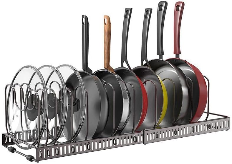 SKY-TOUCH Pot and Pan Organizers Rack : Expandable Pot Lid Organizer Holder with 10 Adjustable Compartment Cookware Plate Rack for Kitchen Cabinet Black