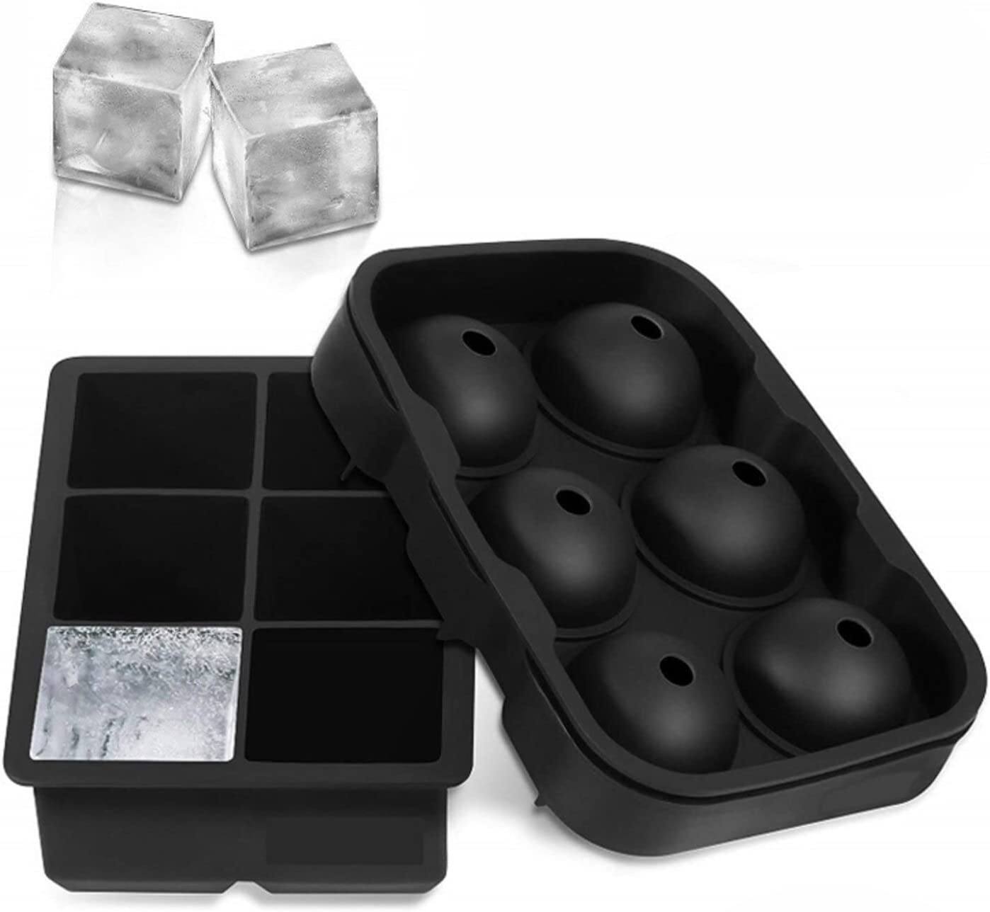 SKY-TOUCH Ice Cube Trays Silicone Set of 2, Sphere Round Ice Ball Maker and Large Square Ice Cube Mold for Chilling Burbon Whiskey Cocktail, Beverages and More