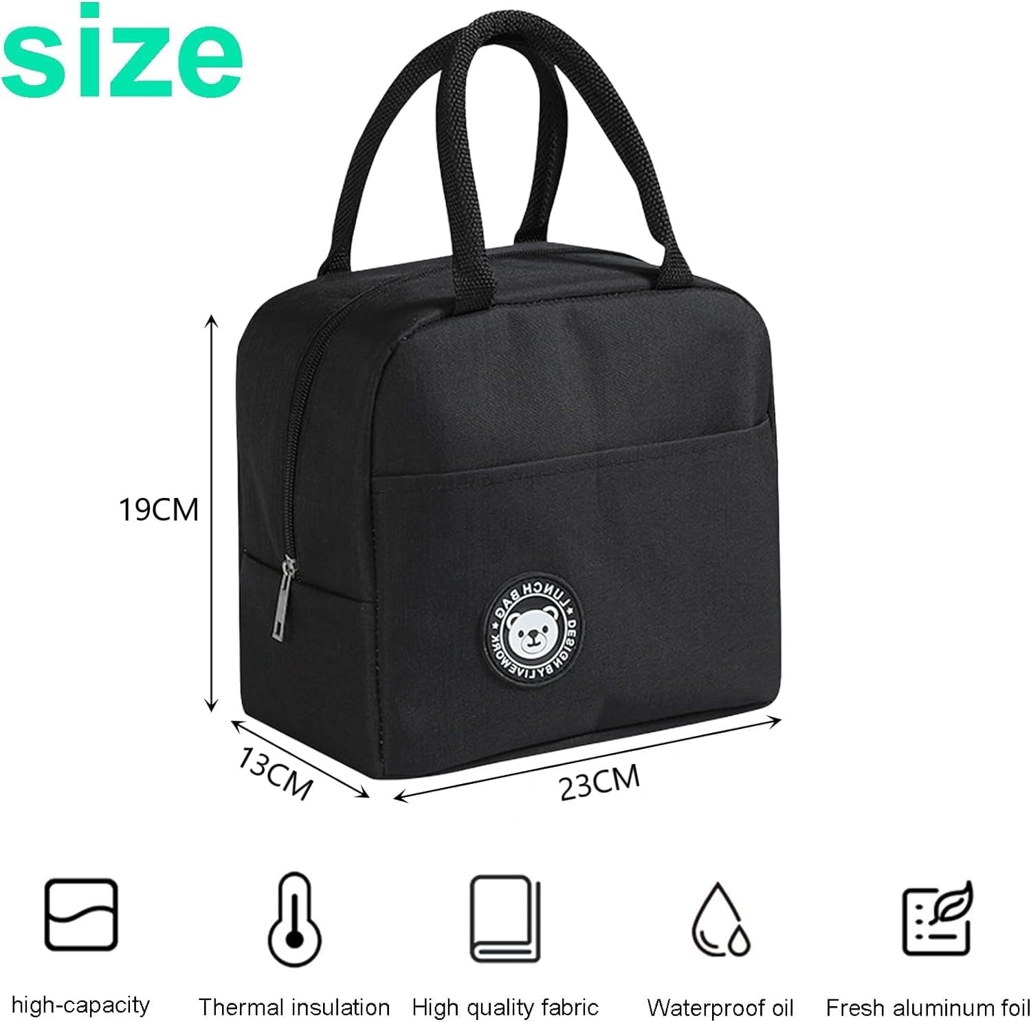 50pcs Lunch Box Bag : Reusable Insulated Lunch Tote Bag Leakproof Thermal Cooler Sack Food Handbags Case for Work Office School Picnic Travel Black