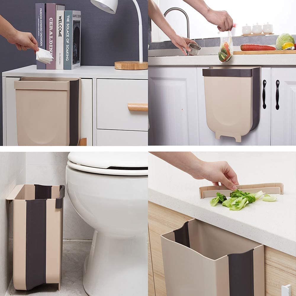 100pcs Hanging Trash Bin Compact Collapsible Garbage Pail for Kitchen or Bathroom Drawers, Cupboards and Door - Brown