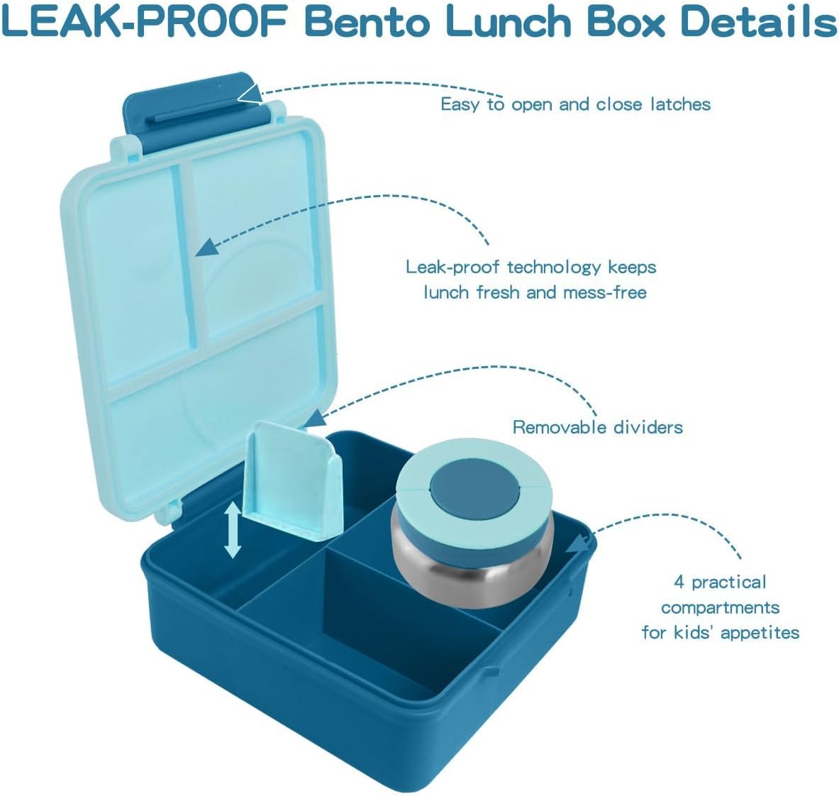 SKY-TOUCH Kids Bento Box with 8oz Thermos – Insulated Leak-Proof Lunch Box Set with 4-Compartment BPA-Free Containers, Microwave-Safe, 2L Capacity,– Blue, 19.5x22cm