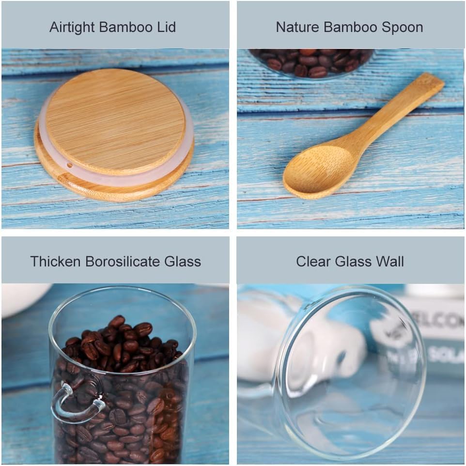 SKY-TOUCH 3Pcs Glass Jars with Bamboo Lids & Spoons : 550ml Airtight Glass Spice Jars Clear Sugar Container Food Storage Containers for Coffee Beans Spice Sugar Tea Nuts Candy Salts