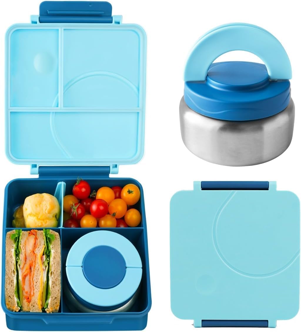 SKY-TOUCH Kids Bento Box with 8oz Thermos – Insulated Leak-Proof Lunch Box Set with 4-Compartment BPA-Free Containers, Microwave-Safe, 2L Capacity,– Blue, 19.5x22cm