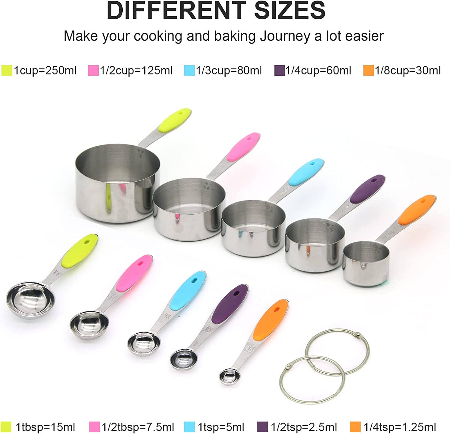 SKY-TOUCH 10 Piece Measuring Cups and Measuring Spoons Set with Detachable Ring – Stainless Steel Stackable 5 Cups 5 Spoons with Silicone Grip Handle to Measure Dry Liquid Food for Cooking or Baking