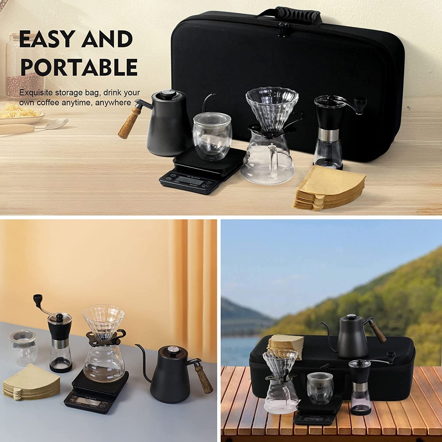SKY-TOUCH Pour Over Coffee Maker Set, Coffee Accessories Tools 7 Pcs with Portable Carry Case Stainless Gooseneck Kettle , black, 00103