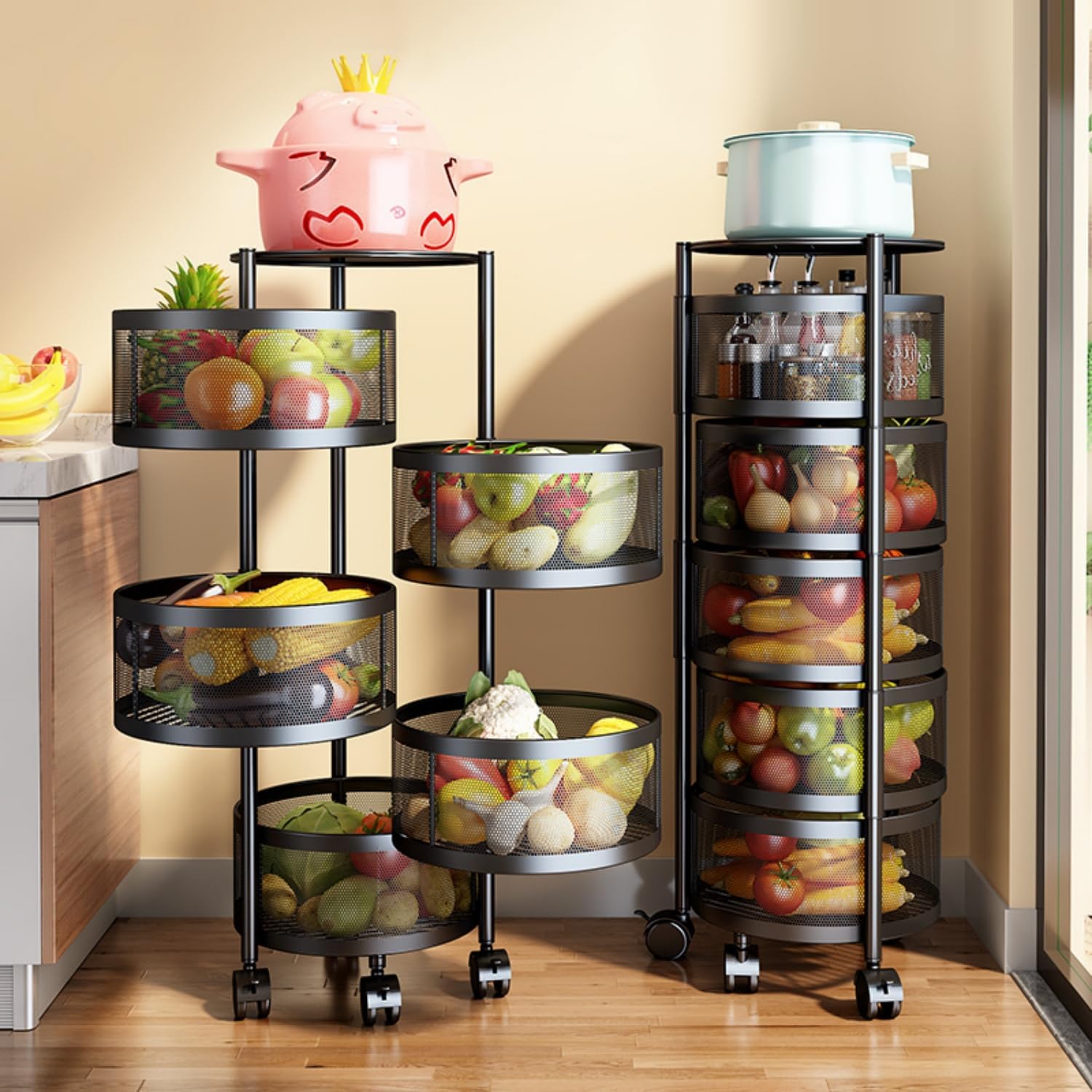 SKY-TOUCH 5 Tier Kitchen Storage Shelf, Rotatable Fruit Vegetable Basket, Circular Rotating Basket Large Storage Rack with 4 Movable Wheels