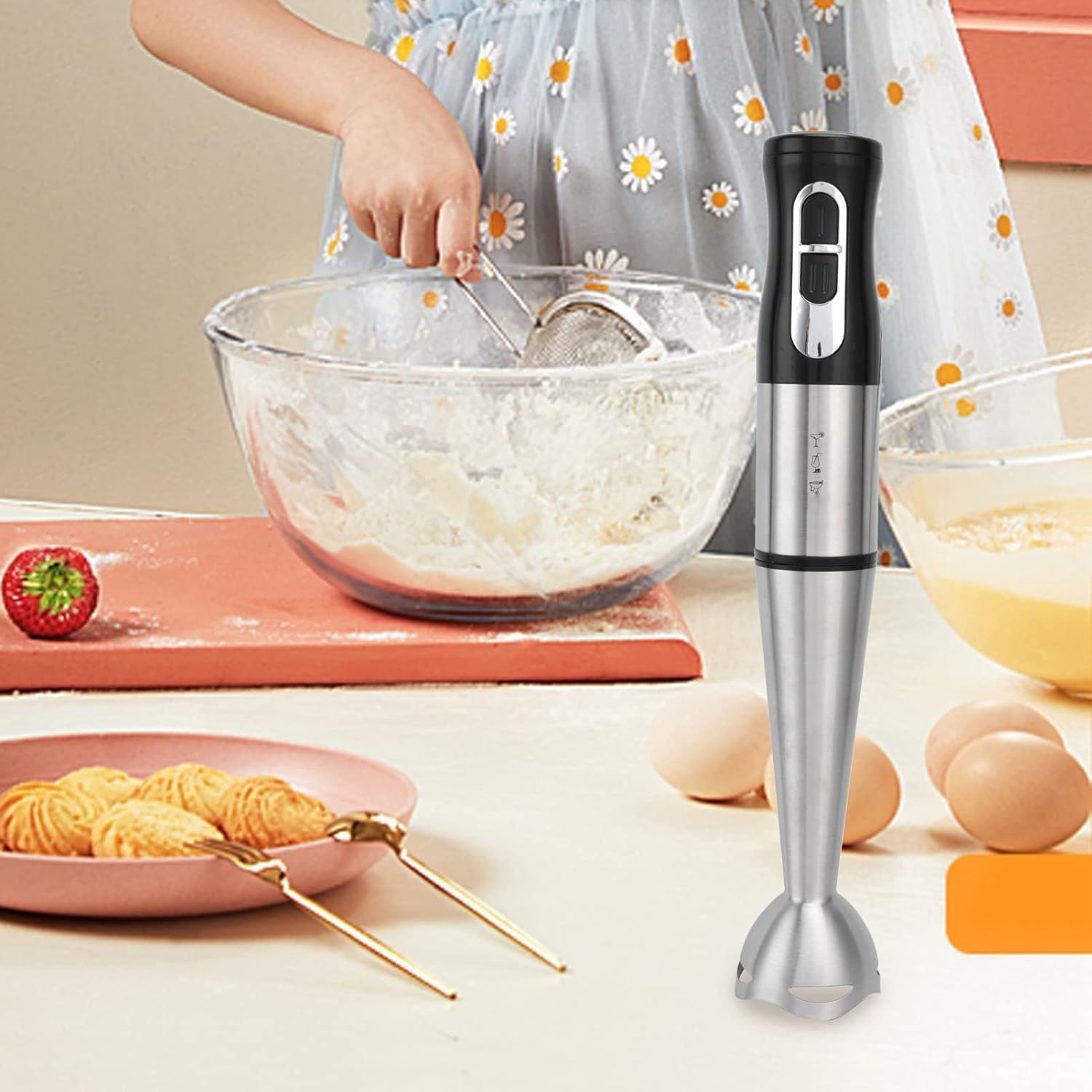 SKY-TOUCH 700W Handheld Immersion Blender, 2-Speed Electric Stick Blender with Double Stainless Steel Blades, Chopper, Whisk, Beaker for Juices, Baby Food, Soups, and Sauces - Black, 36.5*6.5*6.5cm