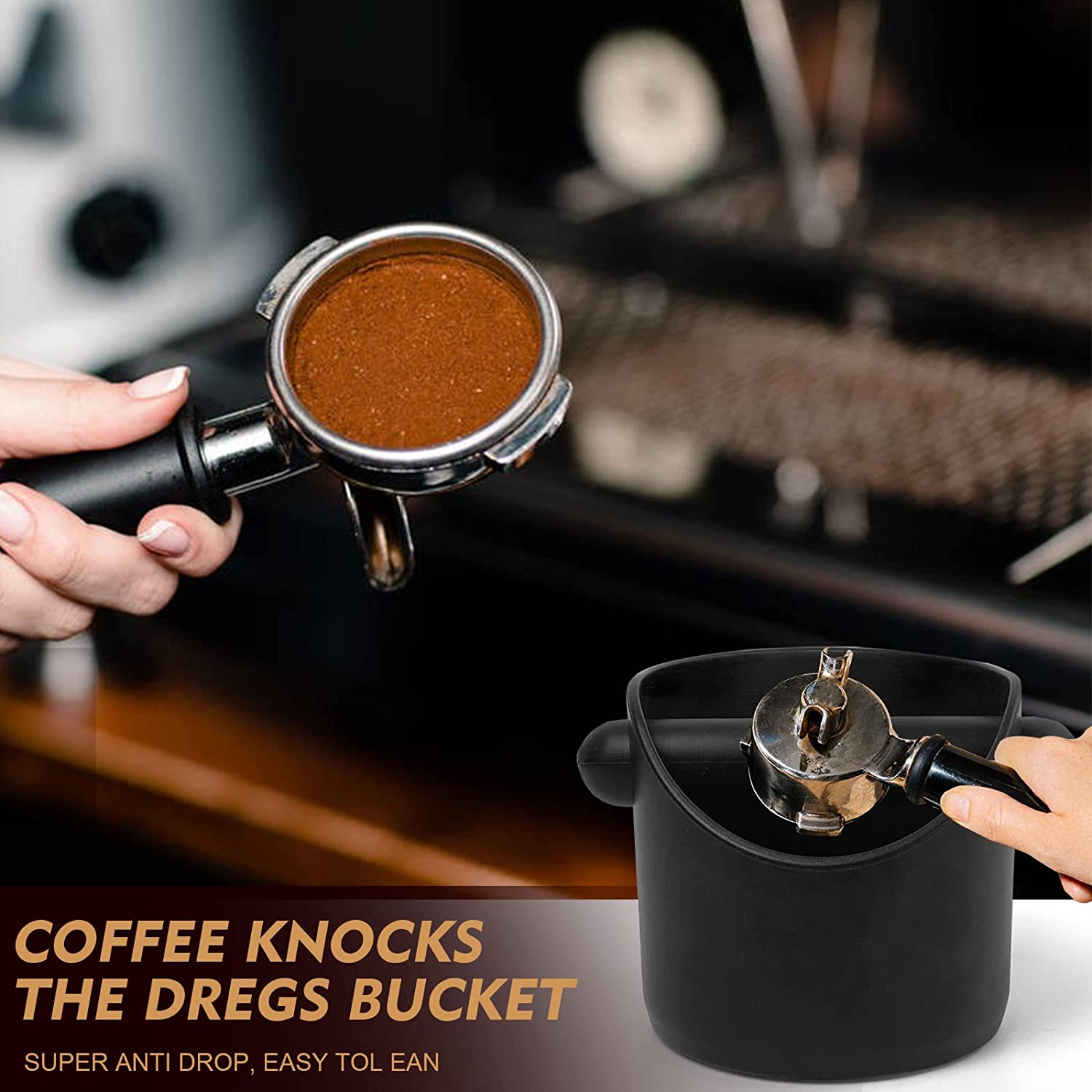 SKY-TOUCH Coffee Grounds Bucket Espresso Knock Box Anti Slip Coffee Grind Dump Bin Waste Bin With Detachable Knock Bar For Home or Coffee Shop, Black