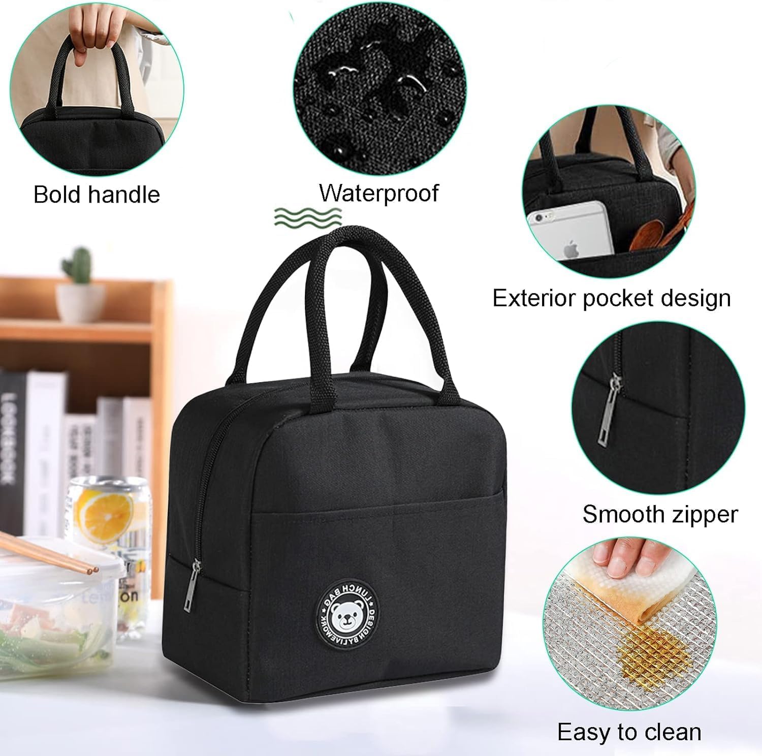 50pcs Lunch Box Bag : Reusable Insulated Lunch Tote Bag Leakproof Thermal Cooler Sack Food Handbags Case for Work Office School Picnic Travel Black