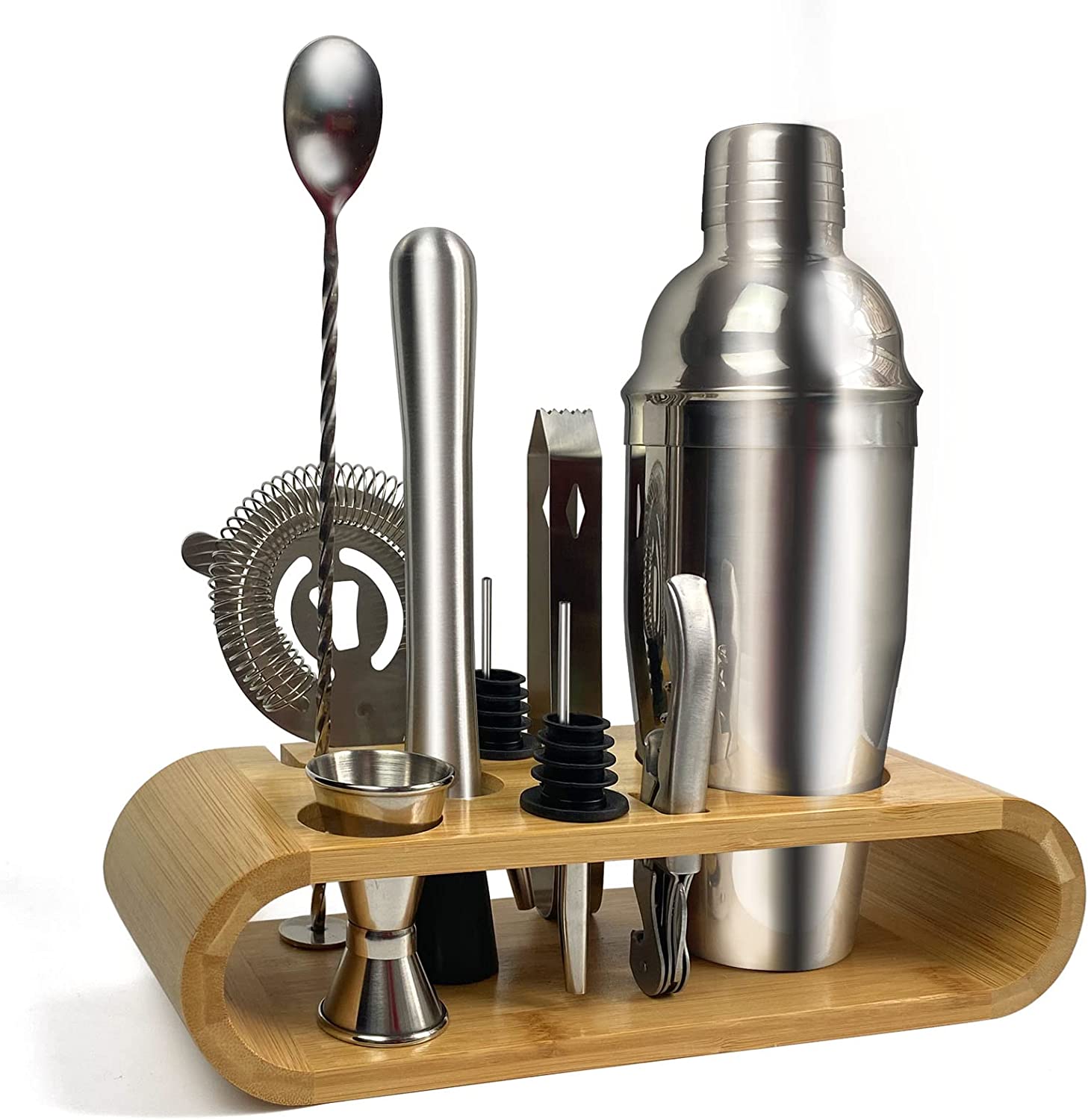 SKY-TOUCH 11-Piece Bar Tool Set with Stylish Bamboo Stand - Perfect Home Bartending Kit and Martini Cocktail Shaker Set For an Awesome Drink Mixing Experience