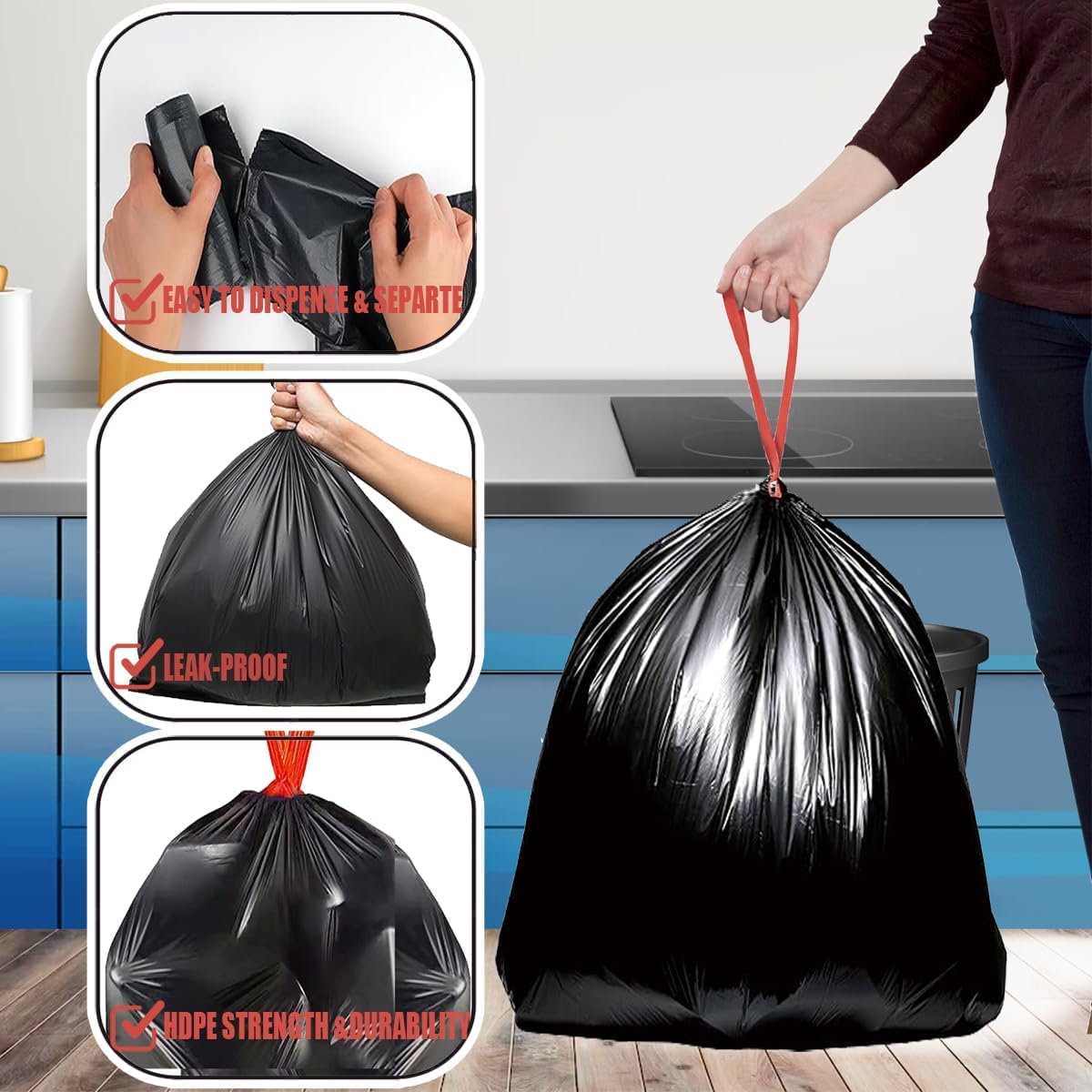 50pcs 5 Rolls Ultra-Strong Drawstring Garbage Bags : Heavy Duty Disposable Trash Bags with Thicken Leak-Proof for Home Kitchen Office (45 * 50cm 75Pcs Black)