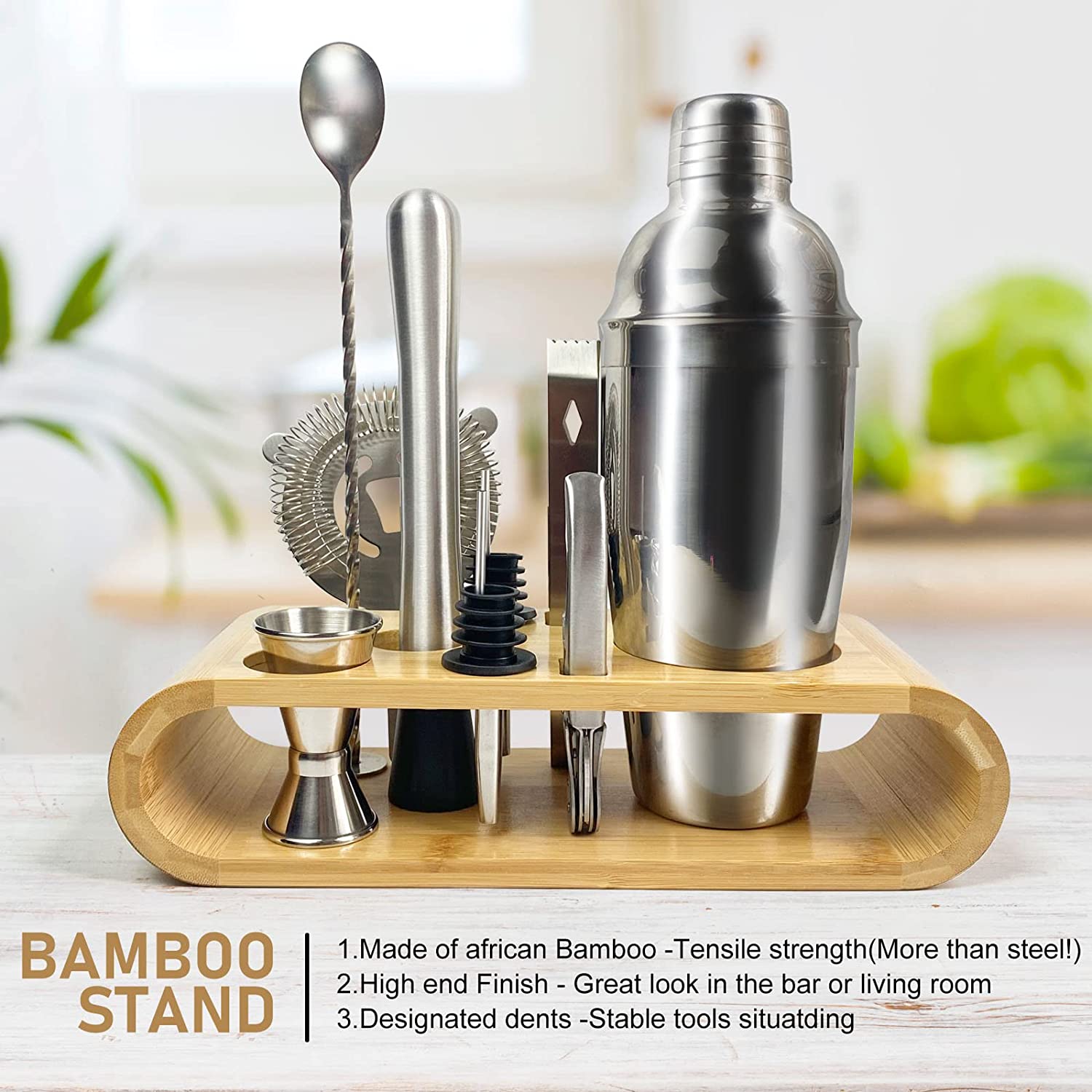 SKY-TOUCH 11-Piece Bar Tool Set with Stylish Bamboo Stand - Perfect Home Bartending Kit and Martini Cocktail Shaker Set For an Awesome Drink Mixing Experience