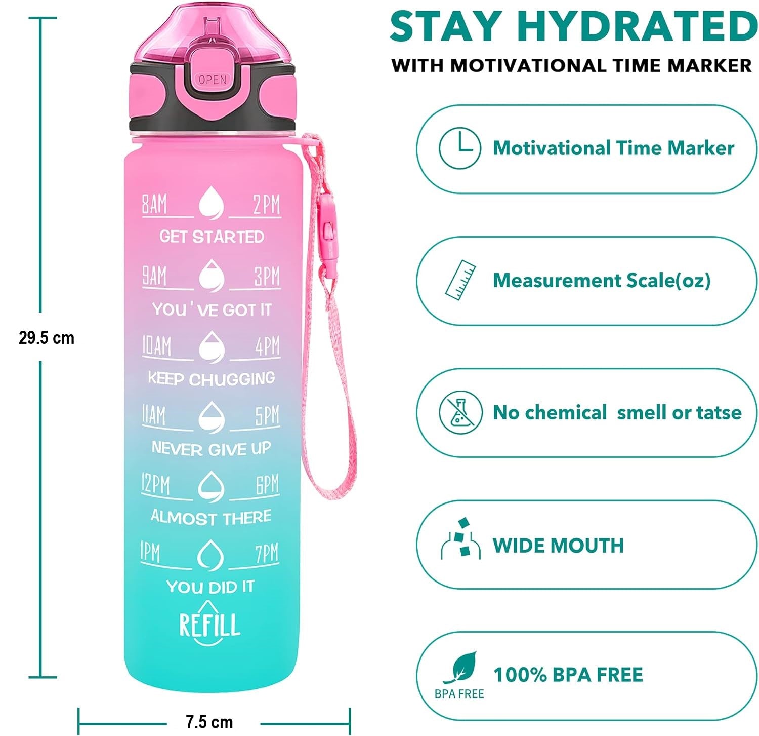 SKY-TOUCH 1L Sports Water Bottle : Motivational Water Bottle with Time Marker and Straw Leakproof Water Bottles for Fitness Gym and Outdoor Sports Blue&Pink