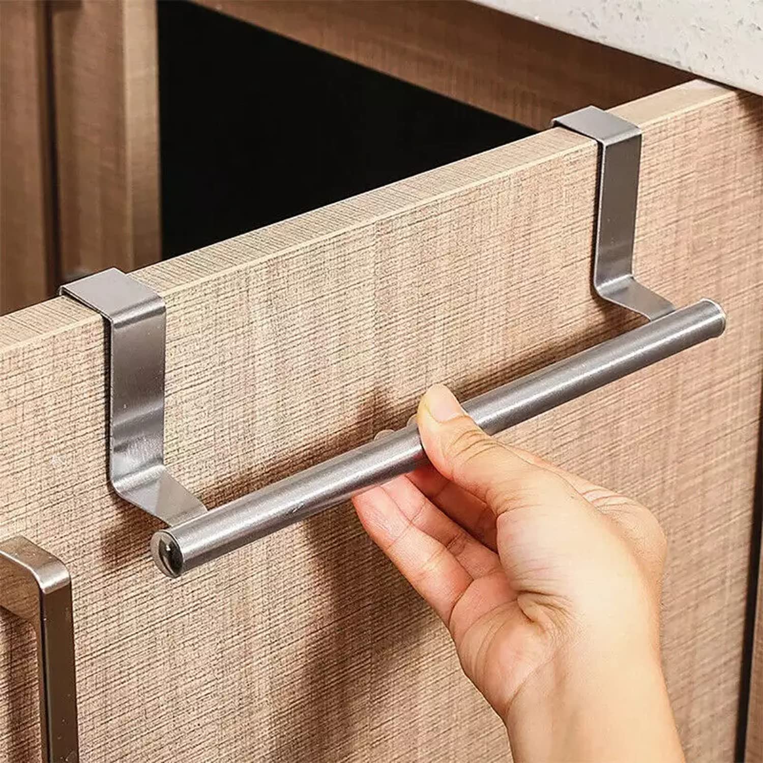 SKY-TOUCH Kitchen Cabinet Towel Bar Holder, Fits on Cupboards Over Cabinet Door, Towel and Wash Cloth Hanging Storage Accessories, Strong Modern Design Stainless Steel