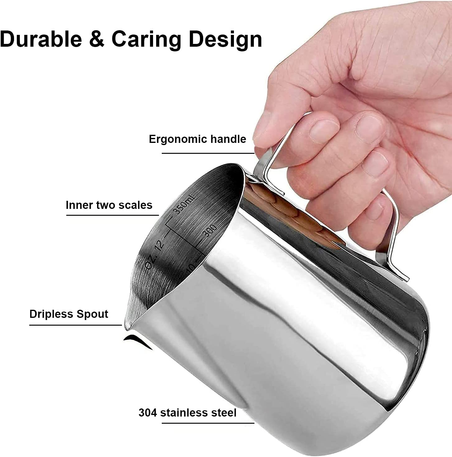 SKY-TOUCH Stainless Steel Milk Frothing Pitcher Measurements on Both Sides Inside Plus eBook & Microfiber Cloth Perfect for Espresso Machines Milk Frothers Latte Art, Silver