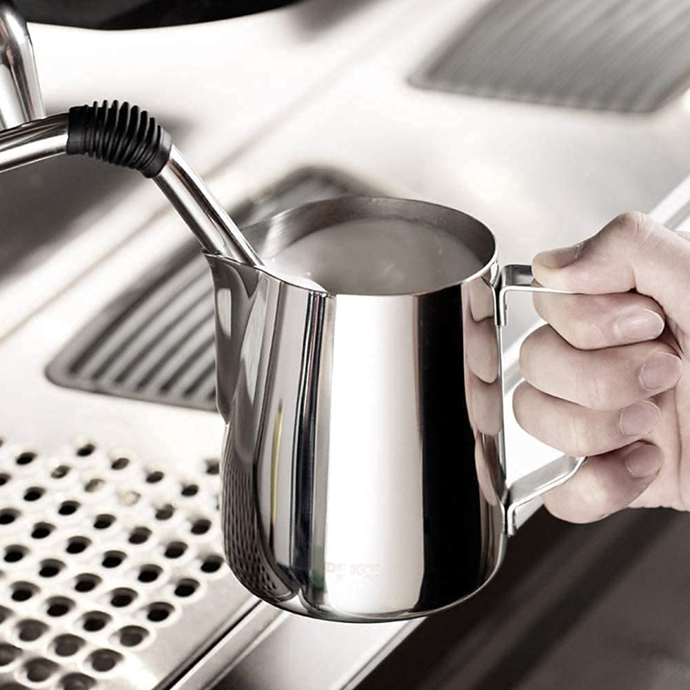 SKY-TOUCH Stainless Steel Milk Frothing Pitcher Measurements on Both Sides Inside Plus eBook & Microfiber Cloth Perfect for Espresso Machines Milk Frothers Latte Art, Silver