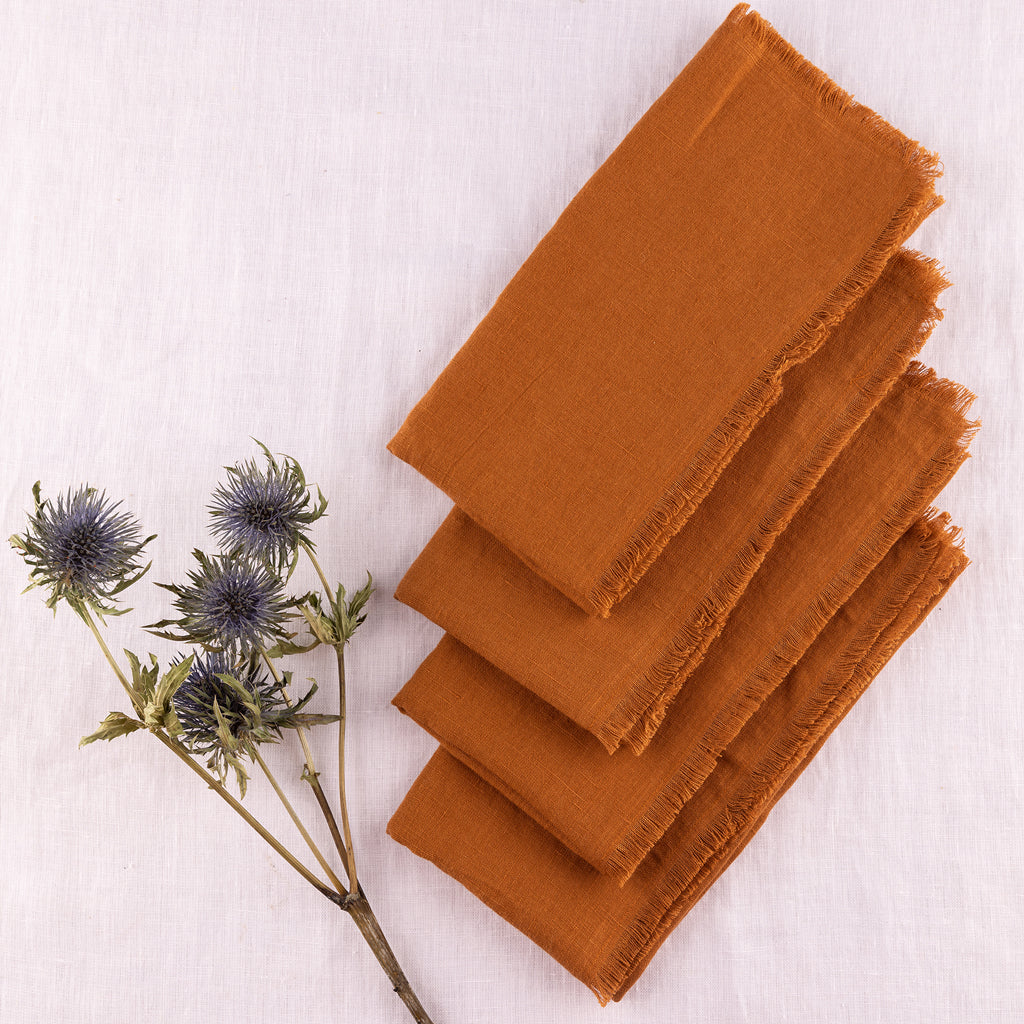 Linen Napkin - Raw Fringe - Set of 4 - Rust