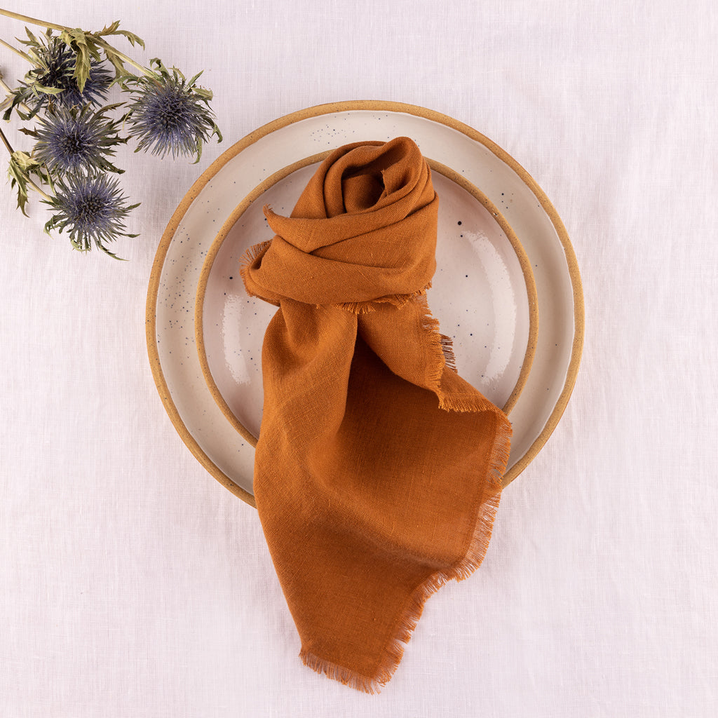 Linen Napkin - Raw Fringe - Set of 4 - Rust