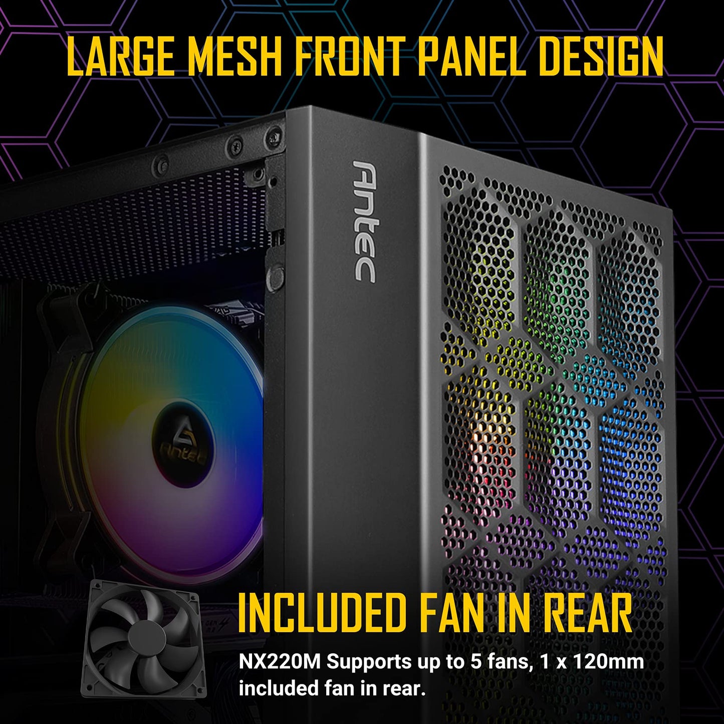 Antec NX200 M، هيكل كمبيوتر برجي صغير Micro ATX، مزود بمروحة خلفية 120 مم مثبتة مسبقًا، تصميم شبكي في اللوحة الأمامية مع تدفق هواء مهوى، سلسلة NX، أسود، CJ11132623
