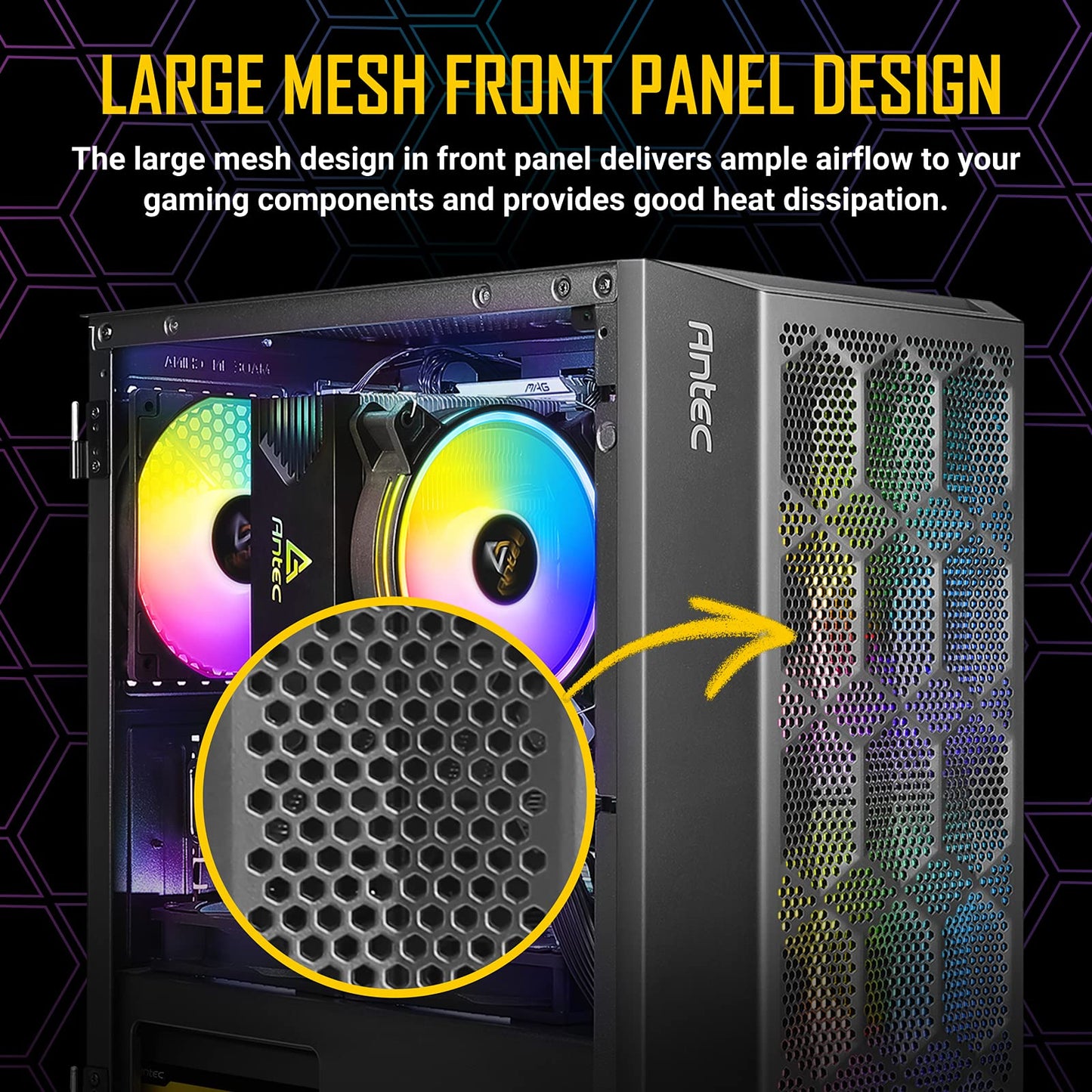 Antec NX200 M، هيكل كمبيوتر برجي صغير Micro ATX، مزود بمروحة خلفية 120 مم مثبتة مسبقًا، تصميم شبكي في اللوحة الأمامية مع تدفق هواء مهوى، سلسلة NX، أسود، CJ11132623