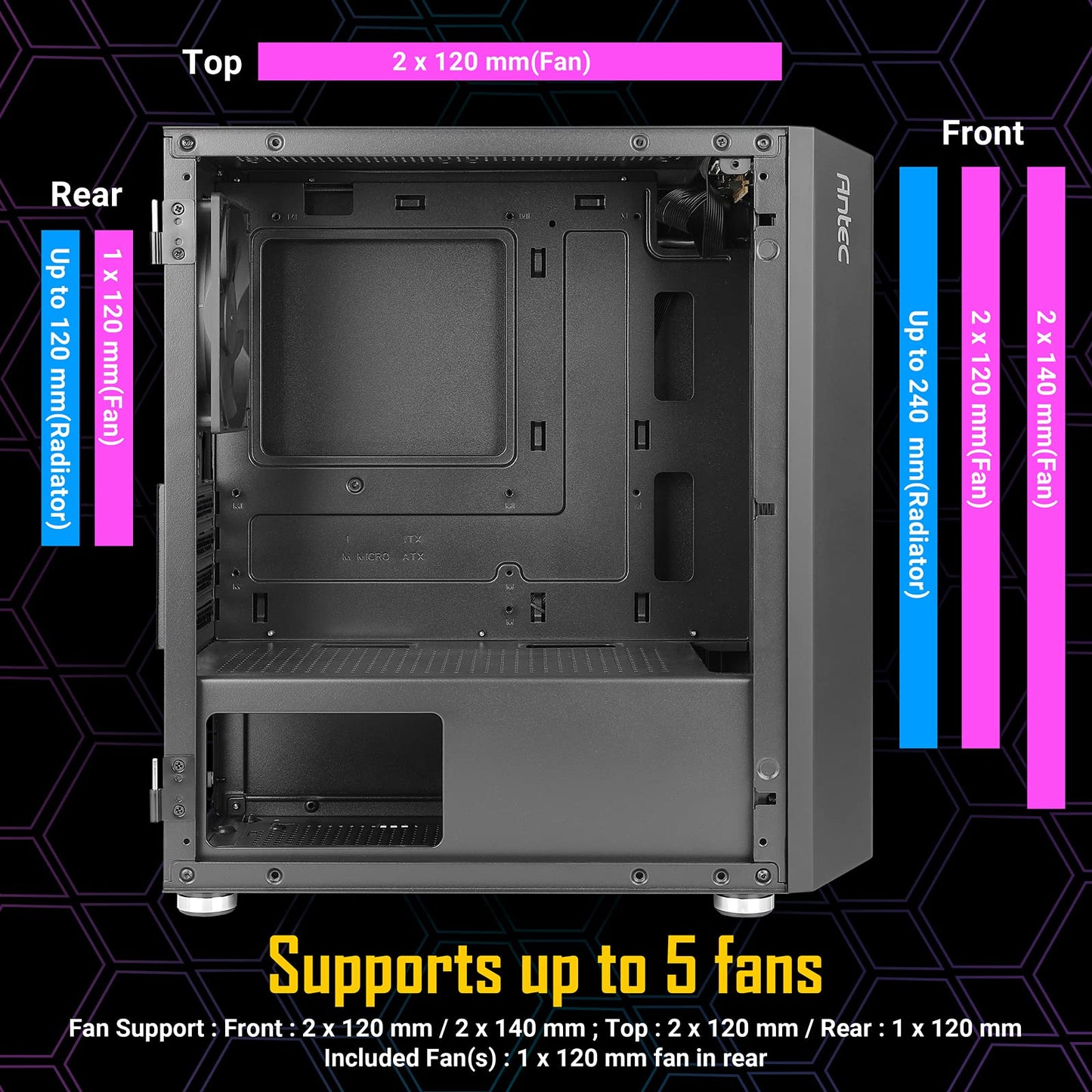 Antec NX200 M، هيكل كمبيوتر برجي صغير Micro ATX، مزود بمروحة خلفية 120 مم مثبتة مسبقًا، تصميم شبكي في اللوحة الأمامية مع تدفق هواء مهوى، سلسلة NX، أسود، CJ11132623