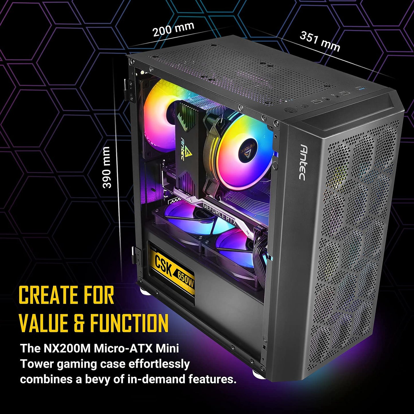 Antec NX200 M، هيكل كمبيوتر برجي صغير Micro ATX، مزود بمروحة خلفية 120 مم مثبتة مسبقًا، تصميم شبكي في اللوحة الأمامية مع تدفق هواء مهوى، سلسلة NX، أسود، CJ11132623