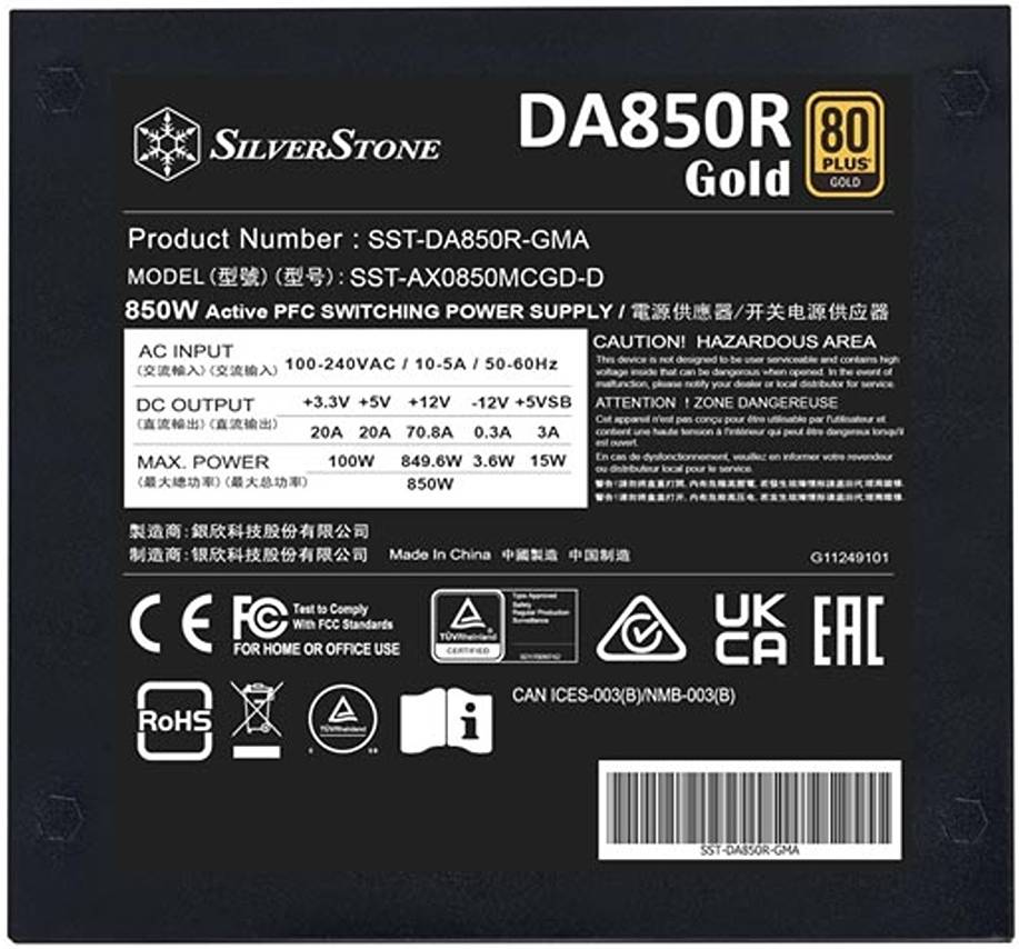 SilverStone DA850R Fully Modular Power Supply, 80 PLUS Gold, 850W ATX 3.0 & PCIe 5.0