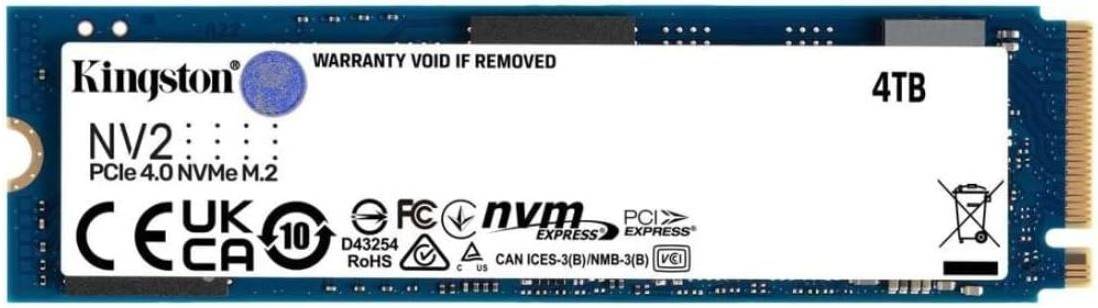 قرص SSD داخلي Kingston NV2 M.2 2280 NVMe بسعة 4 تيرابايت، سرعة قراءة تصل إلى 3500 ميجابايت/ثانية / سرعة كتابة تصل إلى 2800 ميجابايت/ثانية، أداء Gen 4x4 NVMe PCIe، تشغيل اهتزازي 2.17 جيجابت | SNV2S/4000G