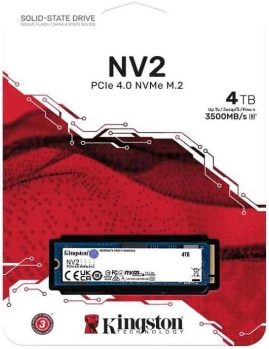 قرص SSD داخلي Kingston NV2 M.2 2280 NVMe بسعة 4 تيرابايت، سرعة قراءة تصل إلى 3500 ميجابايت/ثانية / سرعة كتابة تصل إلى 2800 ميجابايت/ثانية، أداء Gen 4x4 NVMe PCIe، تشغيل اهتزازي 2.17 جيجابت | SNV2S/4000G