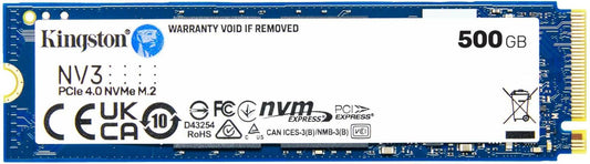 قرص SSD داخلي Kingston NV3 بسعة 500 جيجابايت PCIe 4.0 NVMe، عامل شكل M.2 2280، سرعة قراءة متسلسلة 5000 ميجابايت/ثانية وسرعة كتابة متسلسلة 3000 ميجابايت/ثانية، تقنية NAND ثلاثية الأبعاد، قدرة تحمل 160 تيرابايت | SNV3S/500G