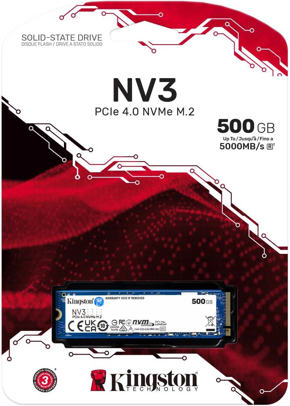 قرص SSD داخلي Kingston NV3 بسعة 500 جيجابايت PCIe 4.0 NVMe، عامل شكل M.2 2280، سرعة قراءة متسلسلة 5000 ميجابايت/ثانية وسرعة كتابة متسلسلة 3000 ميجابايت/ثانية، تقنية NAND ثلاثية الأبعاد، قدرة تحمل 160 تيرابايت | SNV3S/500G