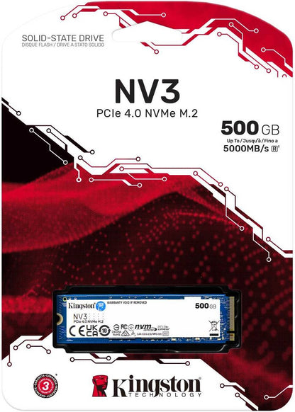 قرص SSD داخلي Kingston NV3 بسعة 500 جيجابايت PCIe 4.0 NVMe، عامل شكل M.2 2280، سرعة قراءة متسلسلة 5000 ميجابايت/ثانية وسرعة كتابة متسلسلة 3000 ميجابايت/ثانية، تقنية NAND ثلاثية الأبعاد، قدرة تحمل 160 تيرابايت | SNV3S/500G