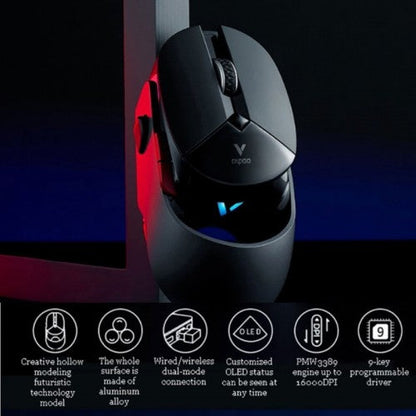 ماوس الألعاب اللاسلكي Rapoo VT960PRO بدقة 26000 نقطة في البوصة، اتصال لاسلكي (2.4 جيجاهرتز)، زر CPI قابل للتعديل، 9 أزرار قابلة للبرمجة 